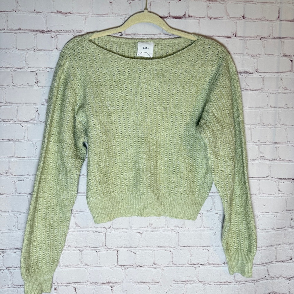 lola Soft Light Green Open-Knit Cropped Sweater